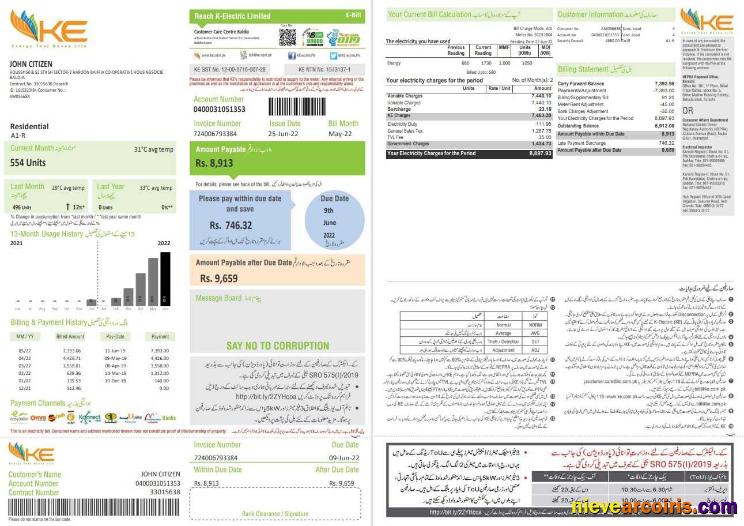 Pakistan KE Electricity bill 2 pages